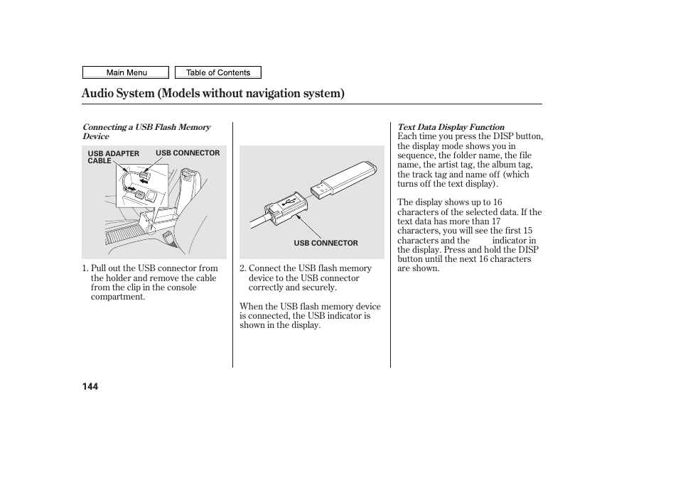 Display button, Usb indicator, Audio system (models without navigation system) | HONDA 2010 Civic Sedan User Manual | Page 147 / 387