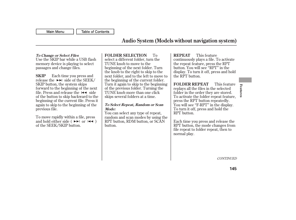 Seek/skip button, Tune/folder knob, Repeat button | Audio system (models without navigation system) | HONDA 2010 Civic Sedan User Manual | Page 148 / 387