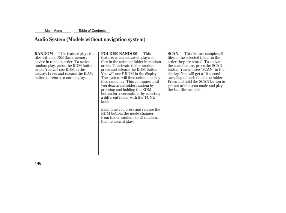 Scan button, Random button, Audio system (models without navigation system) | HONDA 2010 Civic Sedan User Manual | Page 149 / 387