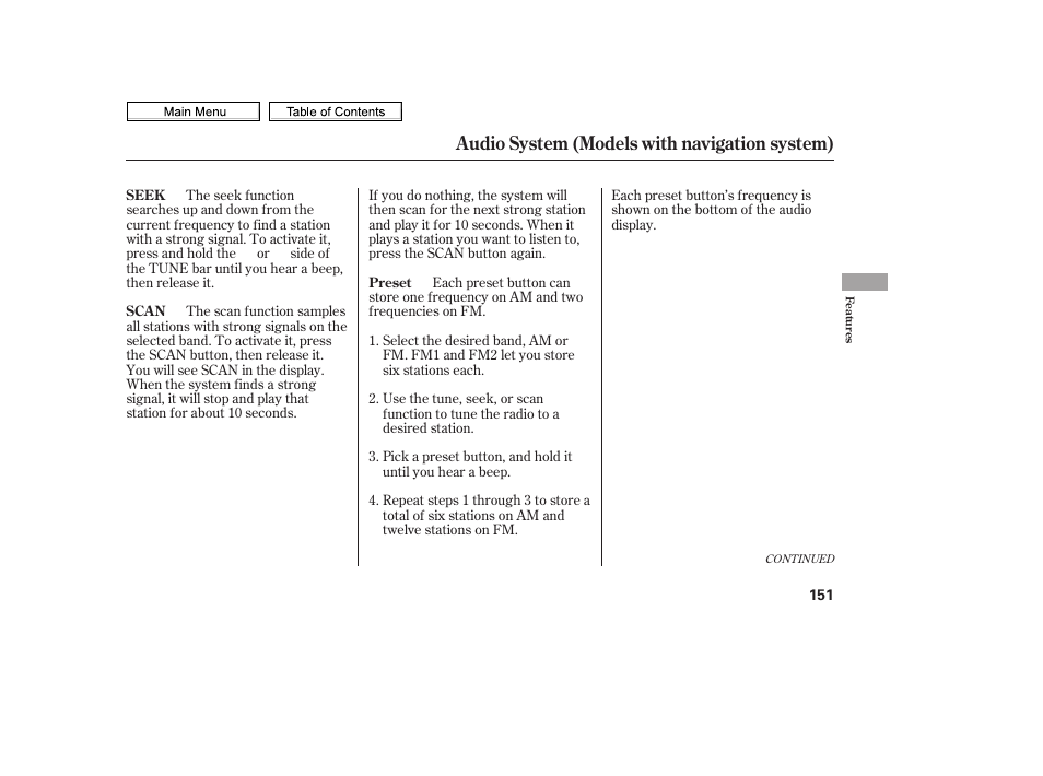 Scan button, Preset buttons, Audio system (models with navigation system) | HONDA 2010 Civic Sedan User Manual | Page 154 / 387