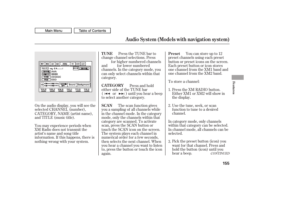 Tune bar, Preset channel number, Scan button | Preset buttons, Audio system (models with navigation system) | HONDA 2010 Civic Sedan User Manual | Page 158 / 387