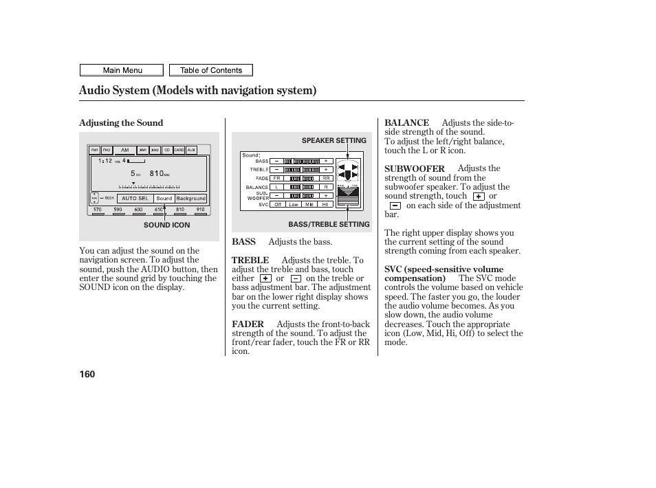 Sound icon, Audio system (models with navigation system) | HONDA 2010 Civic Sedan User Manual | Page 163 / 387