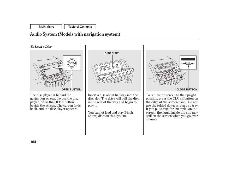 Open button, Audio system (models with navigation system) | HONDA 2010 Civic Sedan User Manual | Page 167 / 387