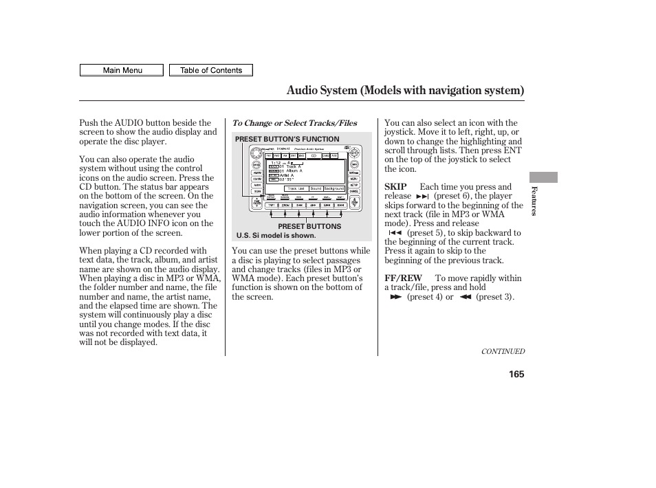 Audio button, Cd button, Fast forward button | Rewind button, Skip, Button, Audio system (models with navigation system) | HONDA 2010 Civic Sedan User Manual | Page 168 / 387