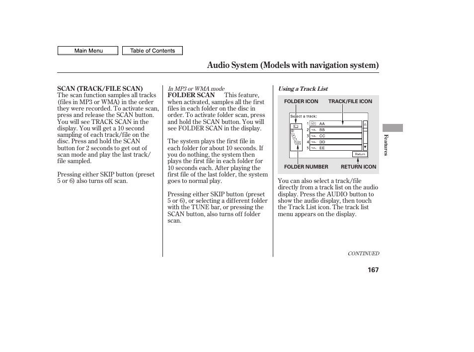 Scan button, Audio system (models with navigation system) | HONDA 2010 Civic Sedan User Manual | Page 170 / 387