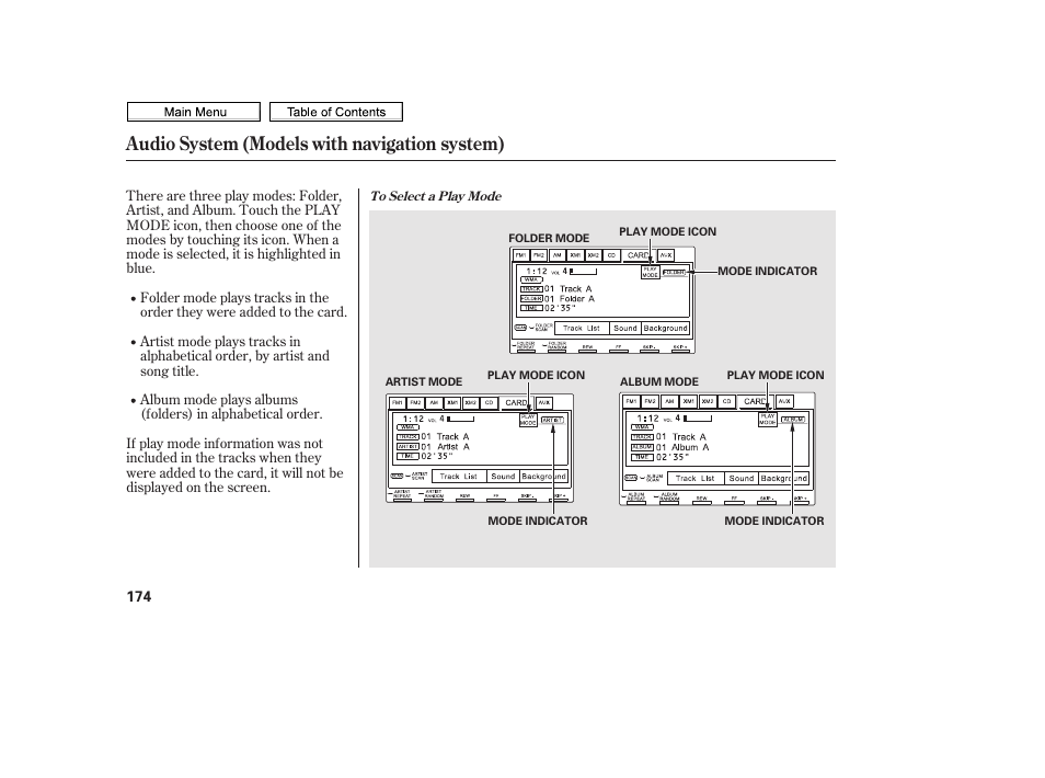 Play mode icon, Audio system (models with navigation system) | HONDA 2010 Civic Sedan User Manual | Page 177 / 387