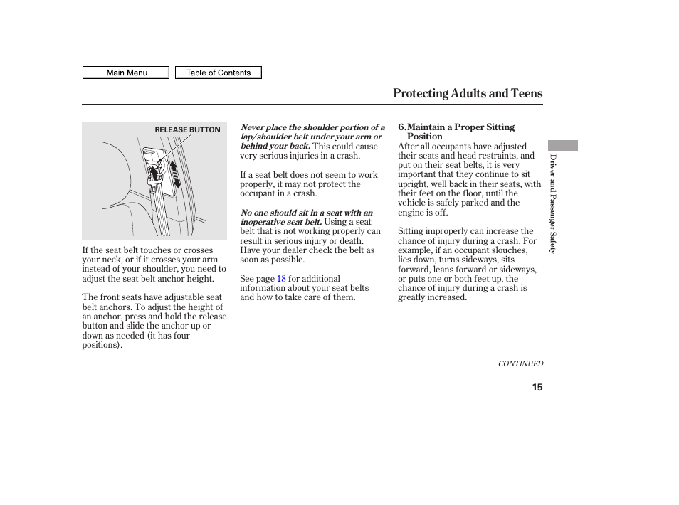 Protecting adults and teens | HONDA 2010 Civic Sedan User Manual | Page 18 / 387