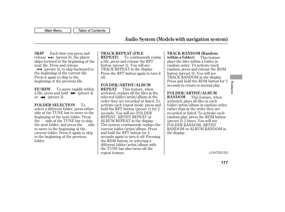 Random button, Repeat button, Fast forward button | Rewind button, Skip, Button, Audio system (models with navigation system) | HONDA 2010 Civic Sedan User Manual | Page 180 / 387