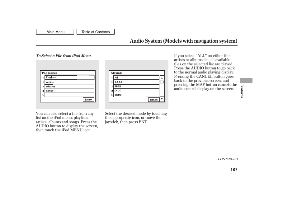 Audio button, Audio system (models with navigation system) | HONDA 2010 Civic Sedan User Manual | Page 190 / 387