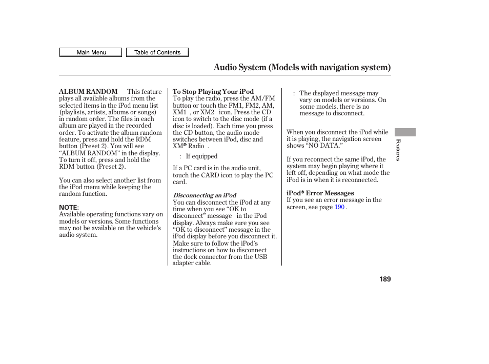 Audio system (models with navigation system) | HONDA 2010 Civic Sedan User Manual | Page 192 / 387