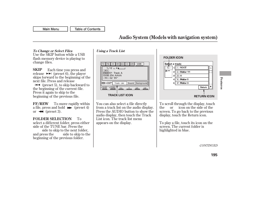 Skip, Button, Rewind button | Fast forward button, Audio system (models with navigation system) | HONDA 2010 Civic Sedan User Manual | Page 198 / 387