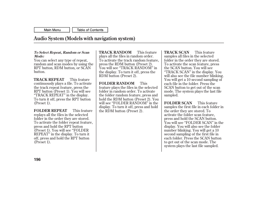 Repeat button, Random button, Audio system (models with navigation system) | HONDA 2010 Civic Sedan User Manual | Page 199 / 387