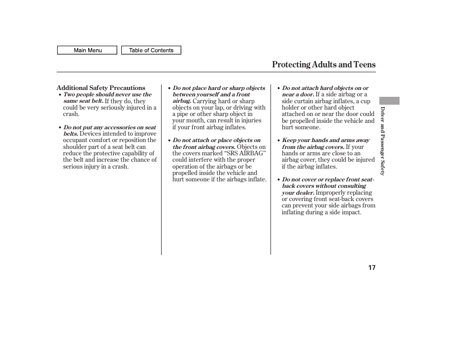 Protecting adults and teens | HONDA 2010 Civic Sedan User Manual | Page 20 / 387