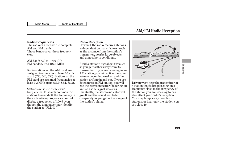 Am/fm radio reception | HONDA 2010 Civic Sedan User Manual | Page 202 / 387