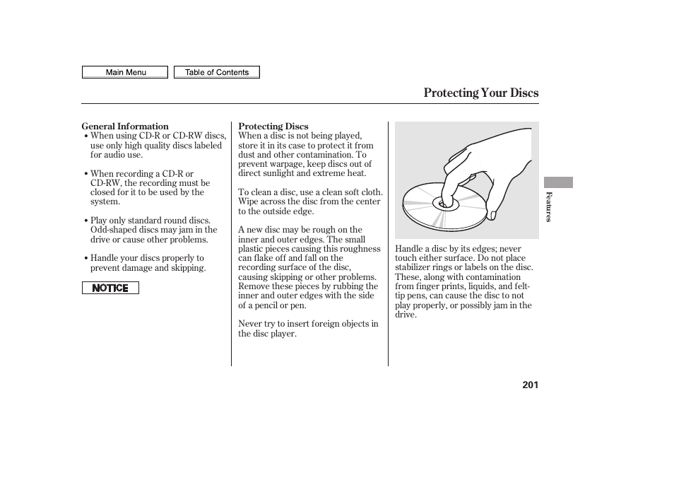 Protecting your discs | HONDA 2010 Civic Sedan User Manual | Page 204 / 387