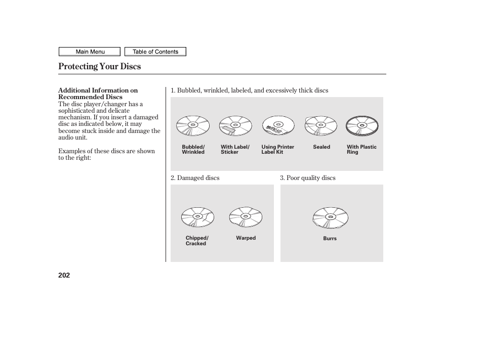 Protecting your discs | HONDA 2010 Civic Sedan User Manual | Page 205 / 387