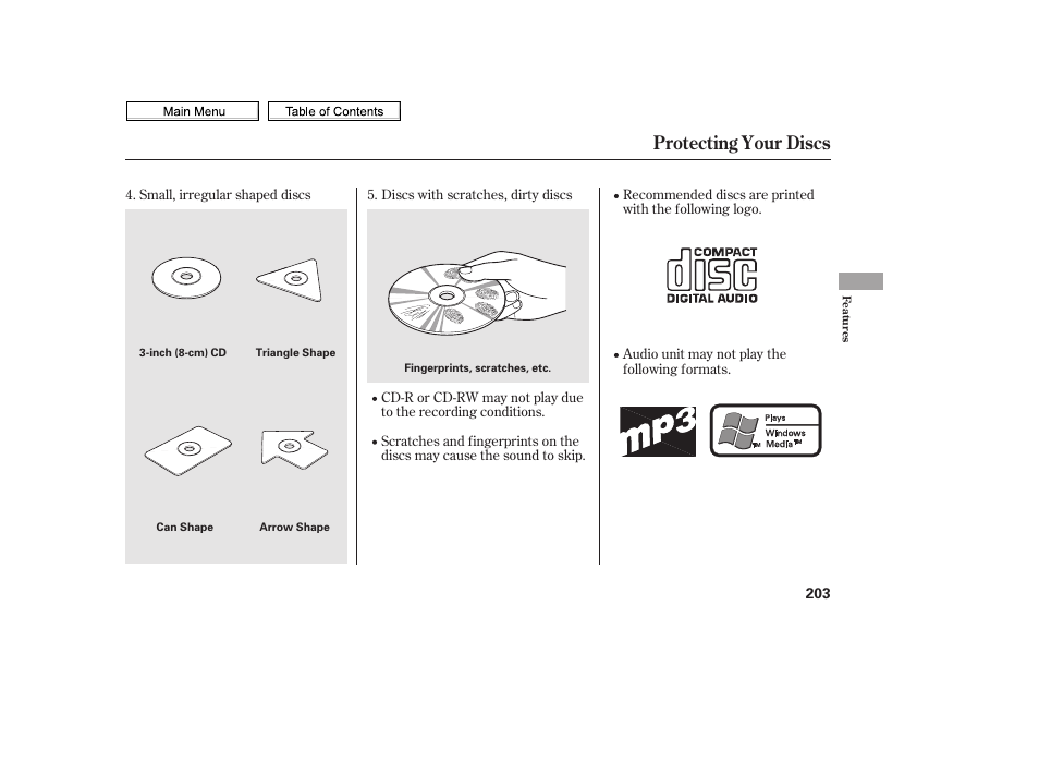 Protecting your discs | HONDA 2010 Civic Sedan User Manual | Page 206 / 387