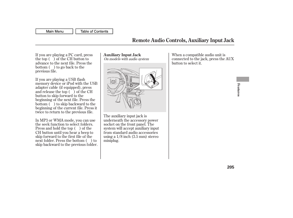 Remote audio controls, auxiliary input jack | HONDA 2010 Civic Sedan User Manual | Page 208 / 387