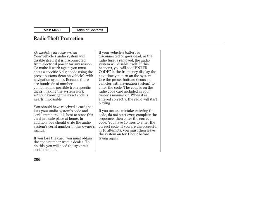 Radio theft protection | HONDA 2010 Civic Sedan User Manual | Page 209 / 387