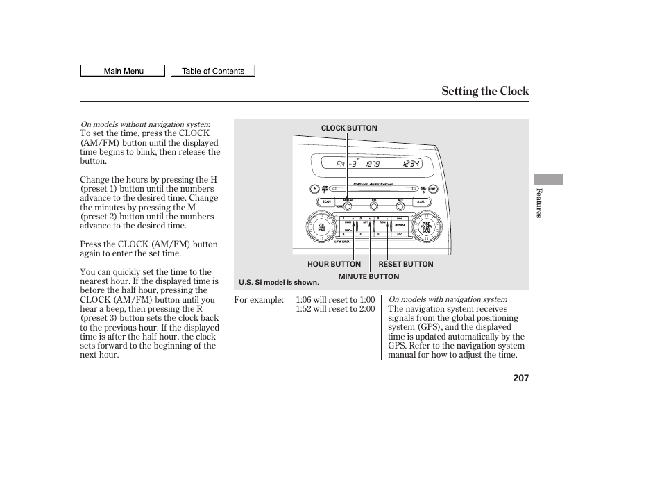 Setting the clock | HONDA 2010 Civic Sedan User Manual | Page 210 / 387