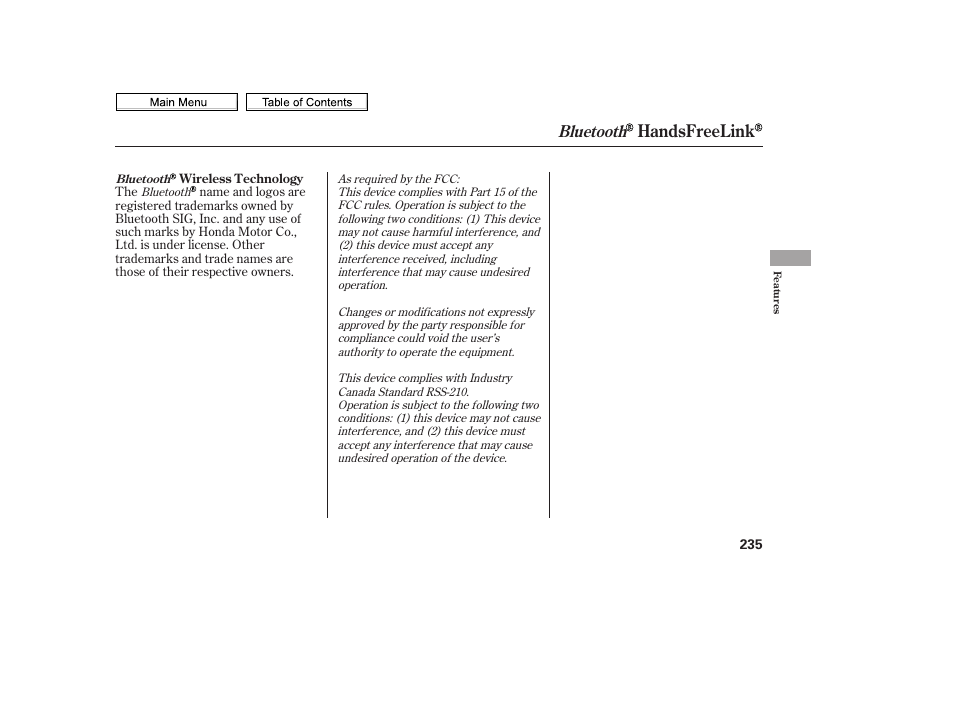 Handsfreelink, Bluetooth | HONDA 2010 Civic Sedan User Manual | Page 238 / 387