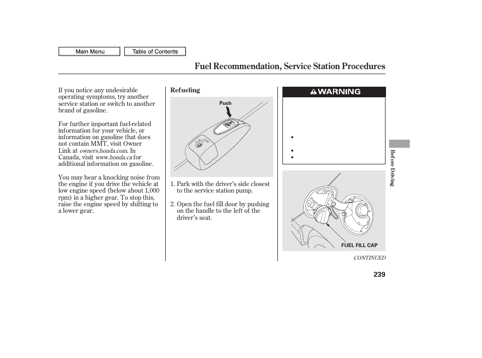 Fuel recommendation, service station procedures | HONDA 2010 Civic Sedan User Manual | Page 242 / 387