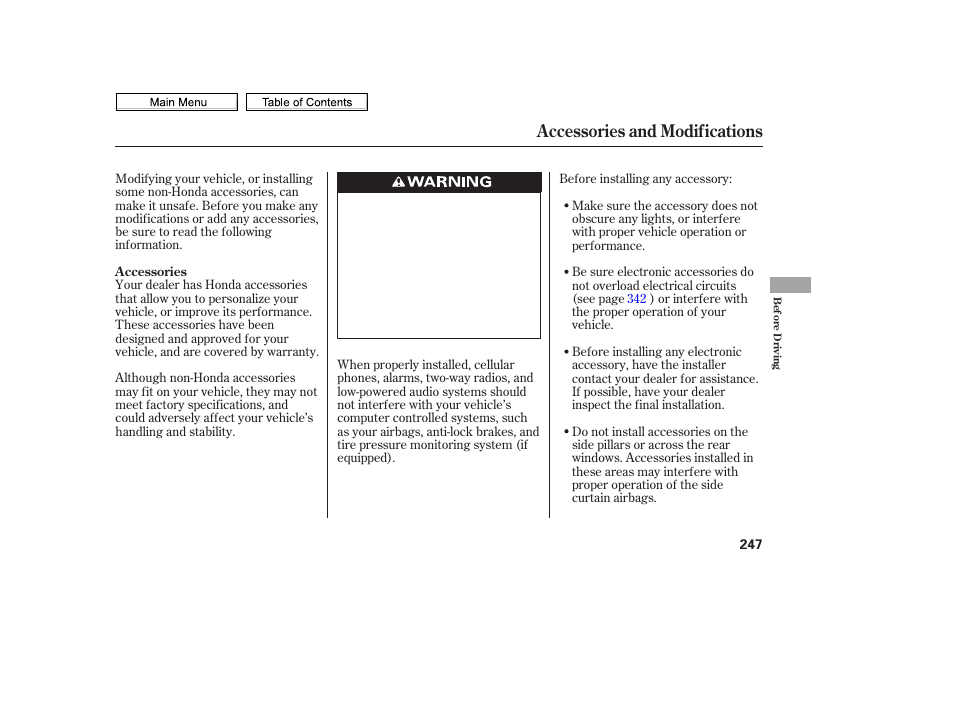 Accessories and modifications | HONDA 2010 Civic Sedan User Manual | Page 250 / 387