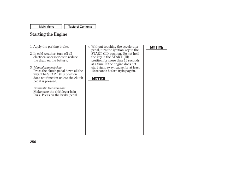 Starting the engine | HONDA 2010 Civic Sedan User Manual | Page 259 / 387