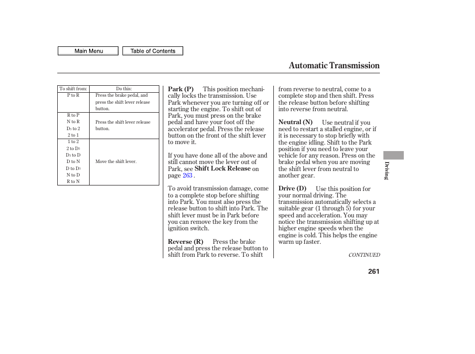 Automatic transmission | HONDA 2010 Civic Sedan User Manual | Page 264 / 387