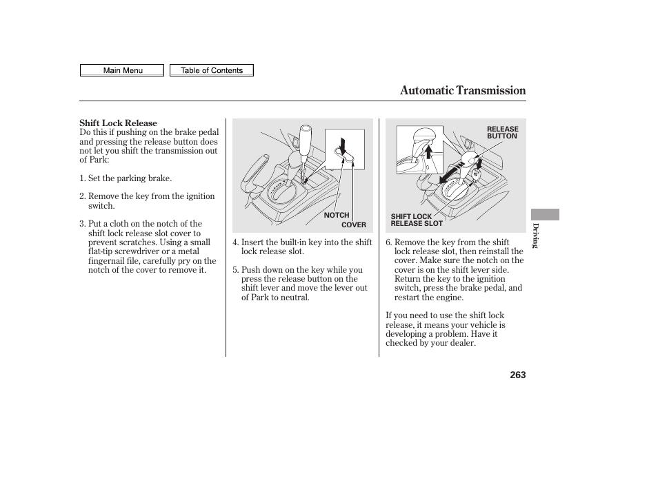 Automatic transmission | HONDA 2010 Civic Sedan User Manual | Page 266 / 387