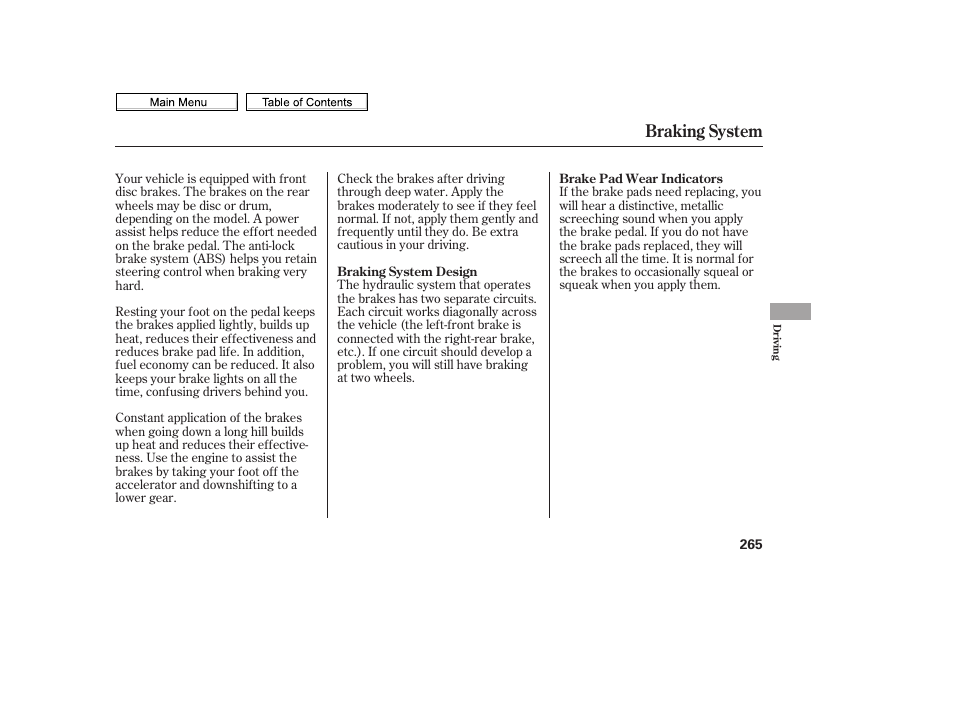 Braking system | HONDA 2010 Civic Sedan User Manual | Page 268 / 387