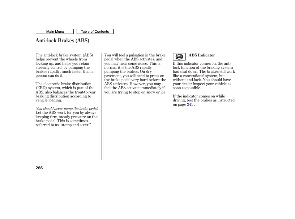 Anti-lock brakes (abs) | HONDA 2010 Civic Sedan User Manual | Page 269 / 387