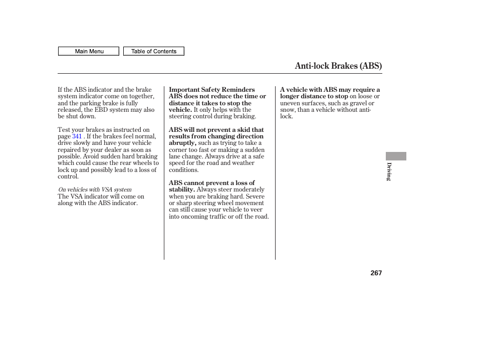 Anti-lock brakes (abs) | HONDA 2010 Civic Sedan User Manual | Page 270 / 387