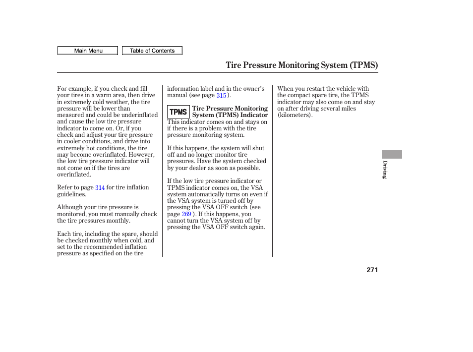 Tire pressure monitoring system (tpms) | HONDA 2010 Civic Sedan User Manual | Page 274 / 387