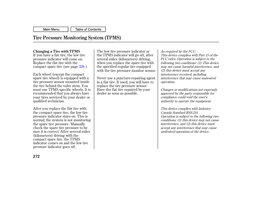 Tire pressure monitoring system (tpms) | HONDA 2010 Civic Sedan User Manual | Page 275 / 387