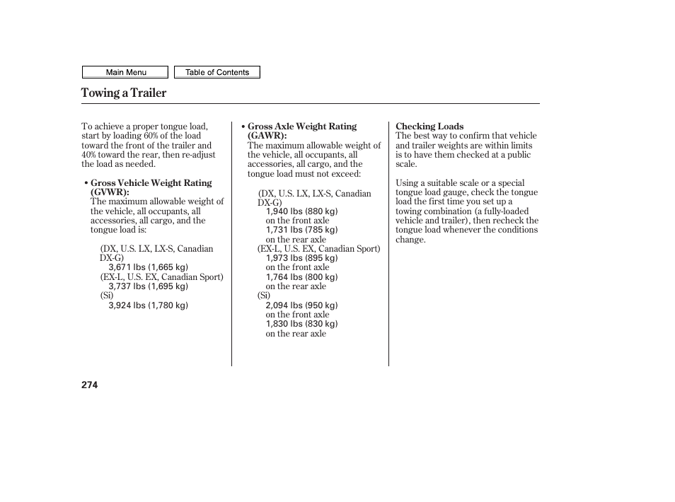 Towing a trailer | HONDA 2010 Civic Sedan User Manual | Page 277 / 387