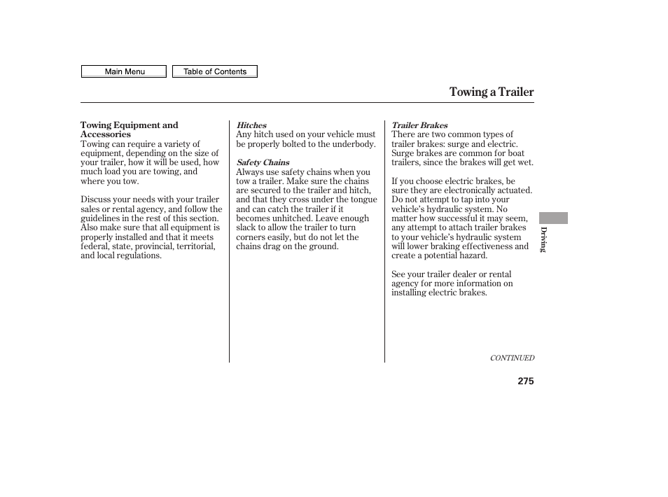 Towing a trailer | HONDA 2010 Civic Sedan User Manual | Page 278 / 387