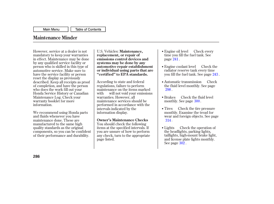 Maintenance minder | HONDA 2010 Civic Sedan User Manual | Page 289 / 387