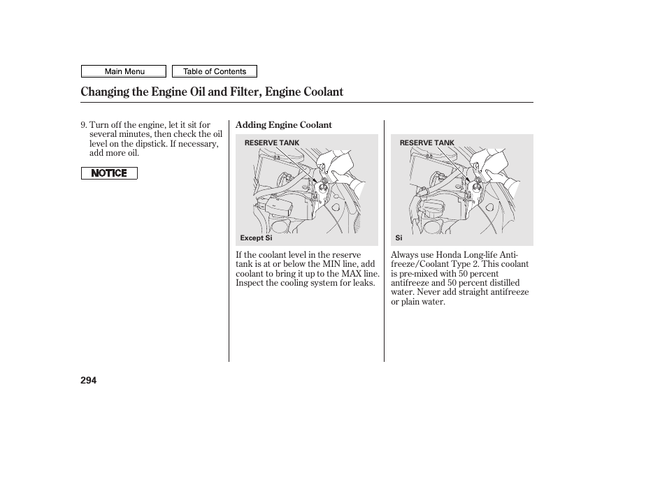 Changing the engine oil and filter, engine coolant | HONDA 2010 Civic Sedan User Manual | Page 297 / 387