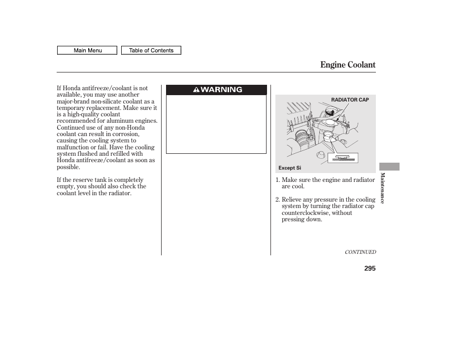 Radiator cap, Engine coolant | HONDA 2010 Civic Sedan User Manual | Page 298 / 387