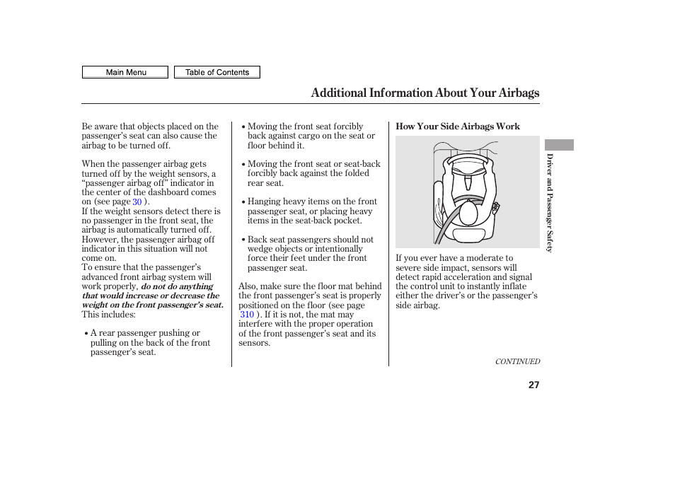 Additional information about your airbags | HONDA 2010 Civic Sedan User Manual | Page 30 / 387