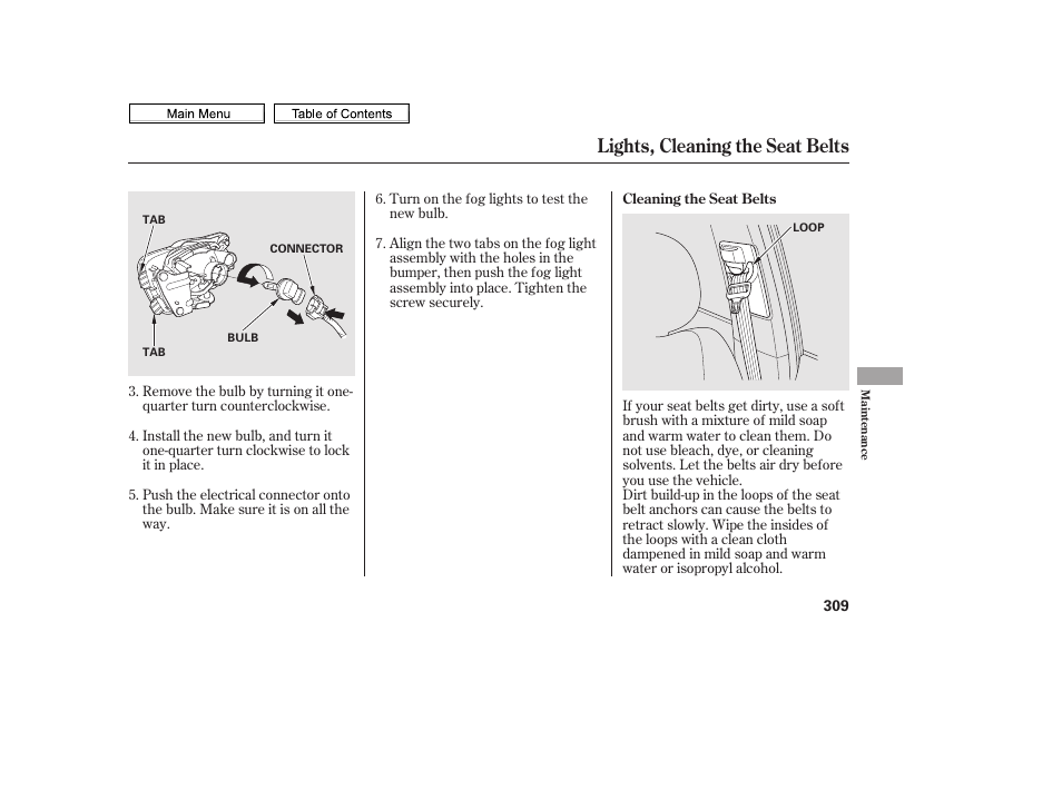 Lights, cleaning the seat belts | HONDA 2010 Civic Sedan User Manual | Page 312 / 387