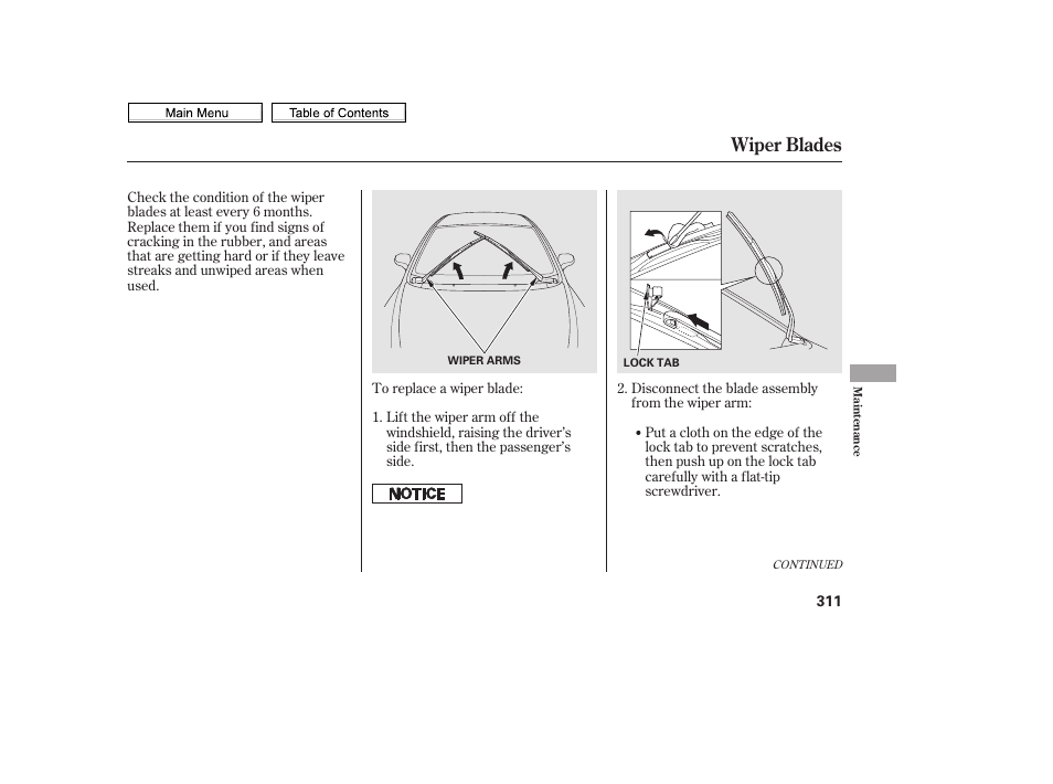 Wiper blades | HONDA 2010 Civic Sedan User Manual | Page 314 / 387