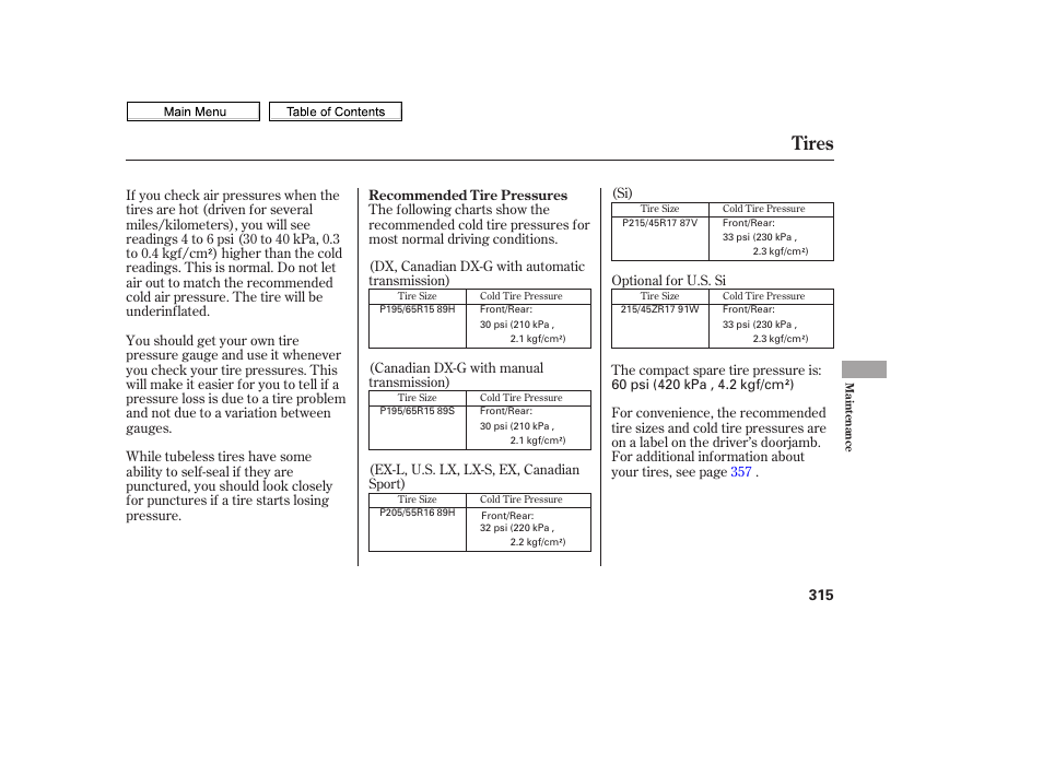 Tires | HONDA 2010 Civic Sedan User Manual | Page 318 / 387