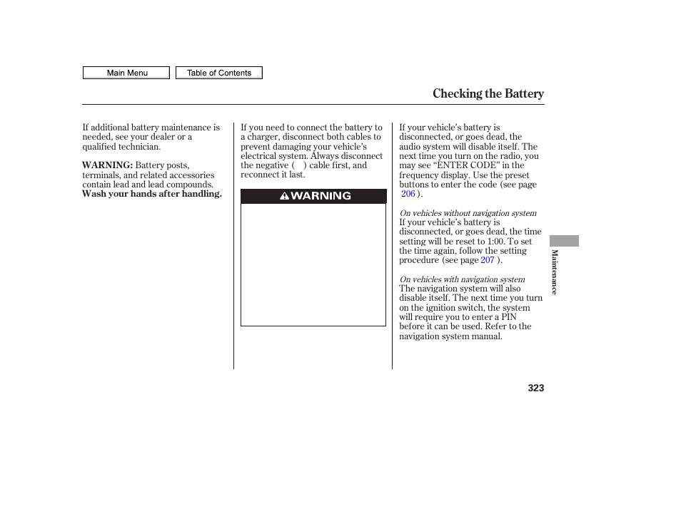 Checking the battery | HONDA 2010 Civic Sedan User Manual | Page 326 / 387