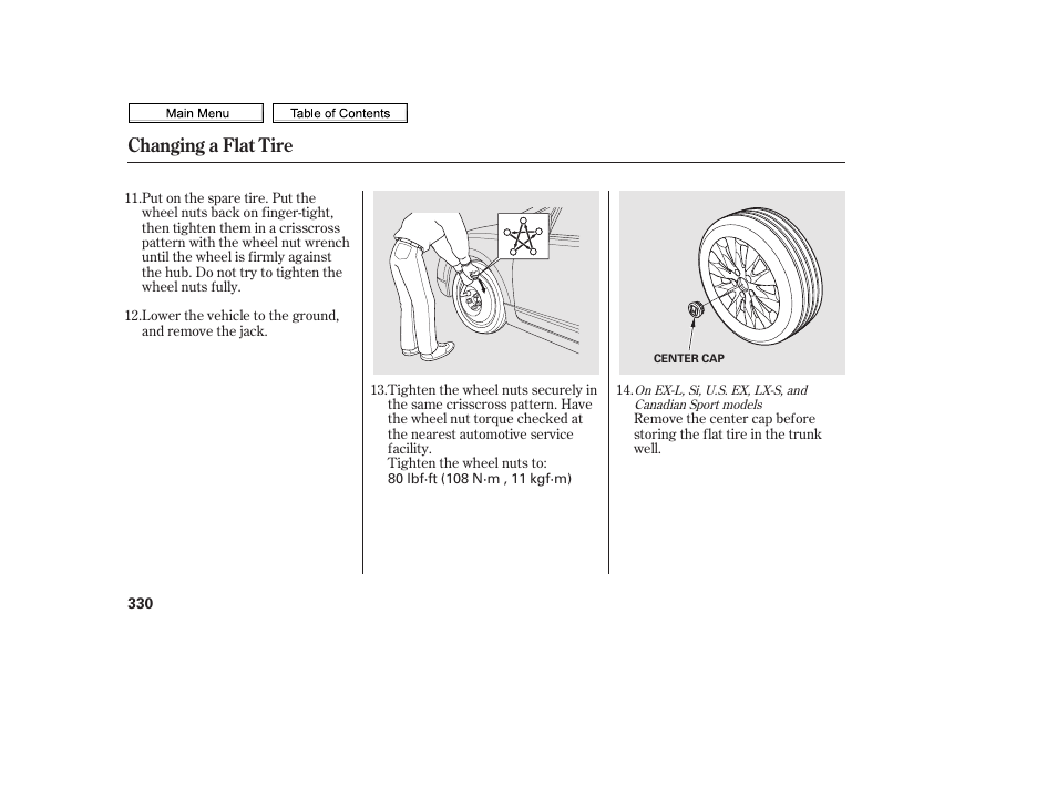 Changing a flat tire | HONDA 2010 Civic Sedan User Manual | Page 333 / 387