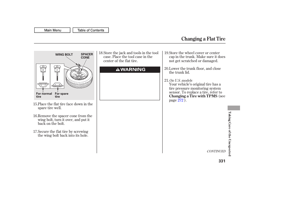 Changing a flat tire | HONDA 2010 Civic Sedan User Manual | Page 334 / 387