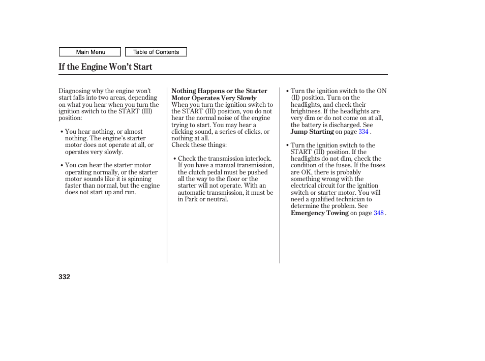 If the engine won’t start | HONDA 2010 Civic Sedan User Manual | Page 335 / 387