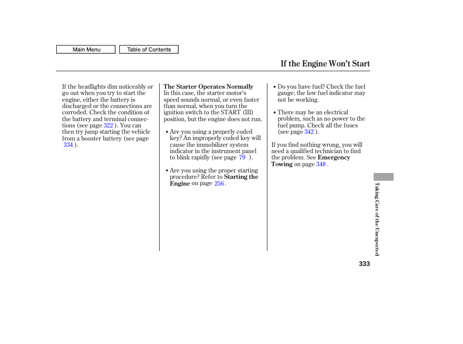 If the engine won’t start | HONDA 2010 Civic Sedan User Manual | Page 336 / 387