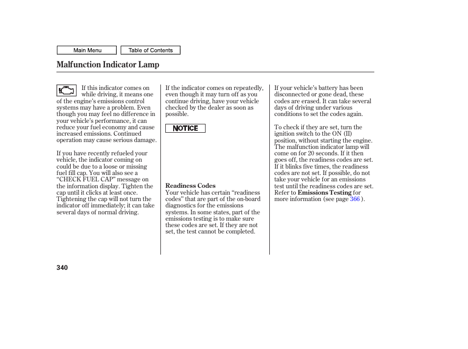 Malfunction indicator lamp | HONDA 2010 Civic Sedan User Manual | Page 343 / 387